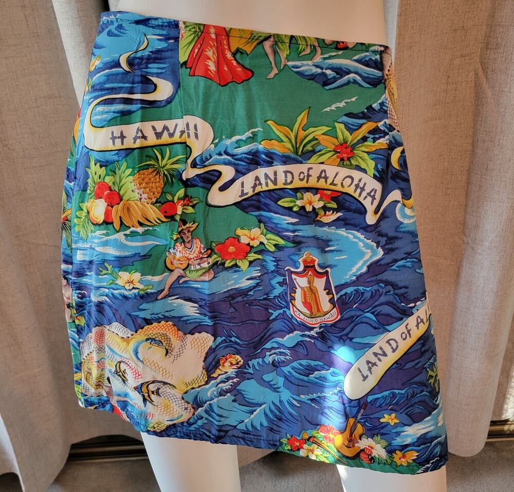 VTG 24/7 Aloha Hawaii Print Mini Skirt Surf Island Pineapple Junior Size 7 1950s